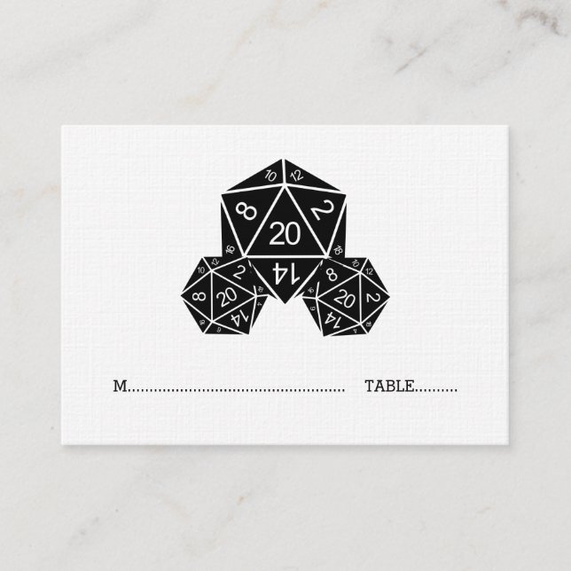 Ebony D20 Dice Wedding Place Card (Front)