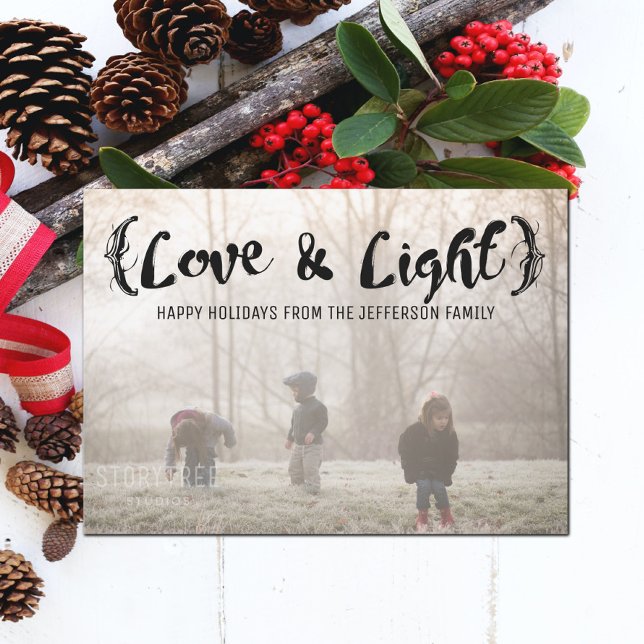 Ebony Elegant Sketched Love & Light Holiday Photo Card (Ebony Elegant Sketched Love and Light Holiday Photo Card)