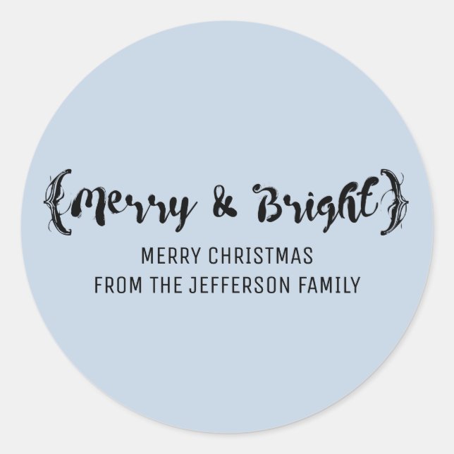 Ebony Elegant Sketched Merry and Bright Holiday Classic Round Sticker (Front)