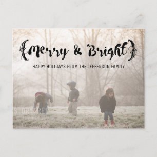 Ebony Elegant Sketched Merry & Bright Photo Holiday Postcard