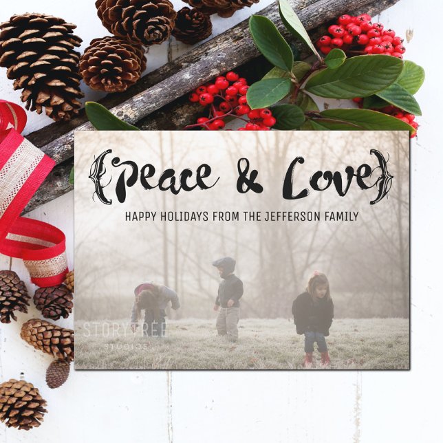 Ebony Elegant Sketched Peace & Love Holiday Photo (Ebony Elegant Sketched Peace and Love Holiday Photo Card)