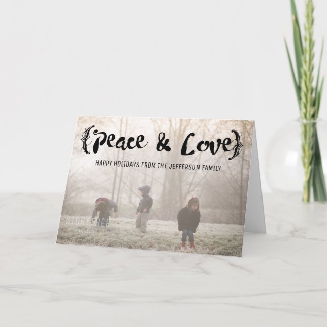 Ebony Elegant Sketched Peace & Love Holiday Photo Card (Front)