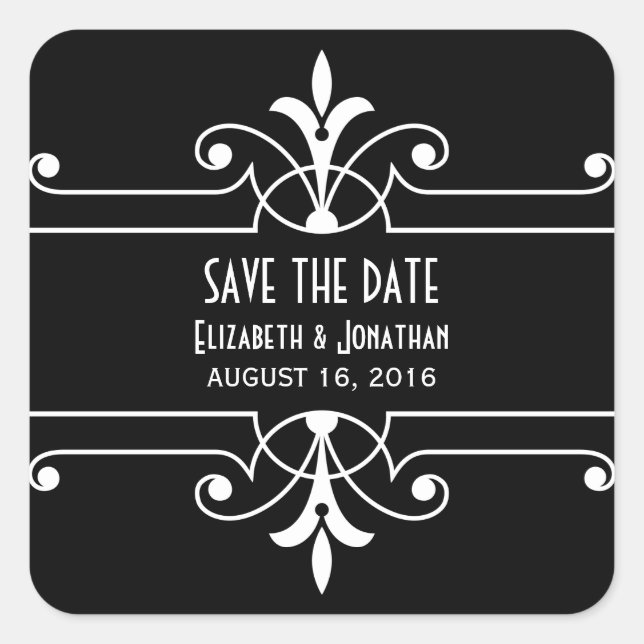 Ebony Fancy Ornamental Save the Date Stickers (Front)