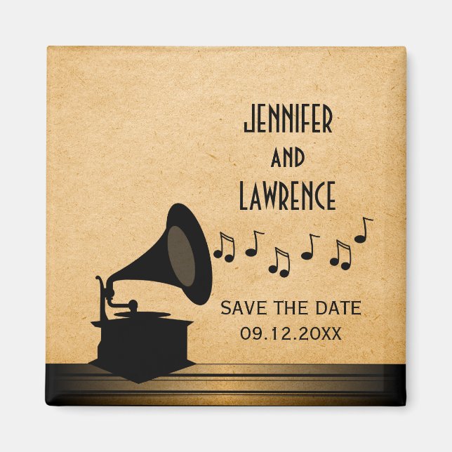 Ebony Vintage Gramophone Save the Date Magnet (Front)