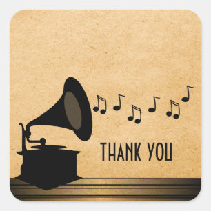 Ebony Vintage Gramophone Thank You Stickers