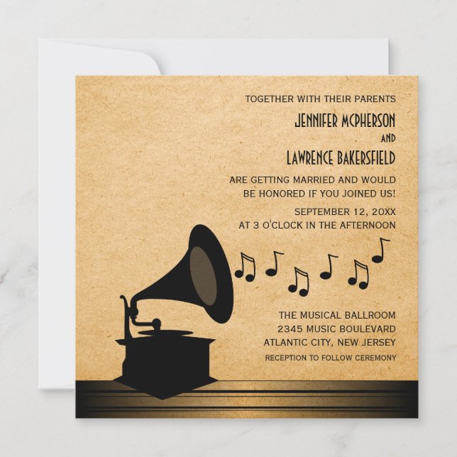 Ebony Vintage Gramophone Wedding Invite v2 (Front)