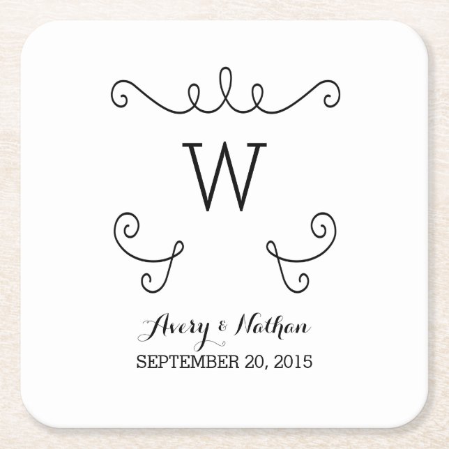 Ebony Whimsical Flourish Monogram Paper Coasters (Front)