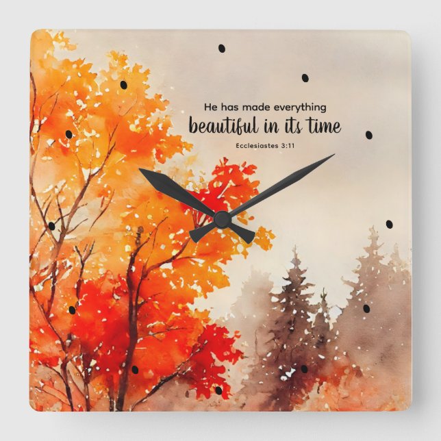 Ecclesiastes 3:11 Bible Verse Fall Watercolor  Square Wall Clock (Front)