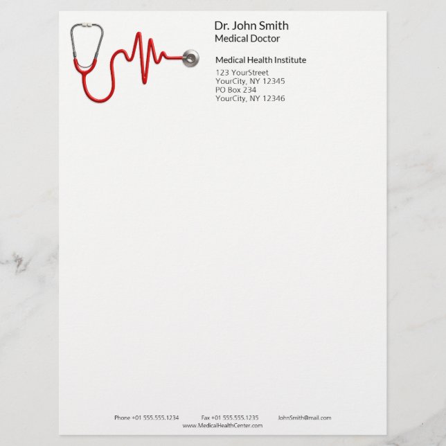 ECG Wave EKG Heartbeat Line Stethoscope Medical Custom Letterhead (Front)