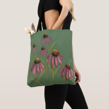 Echinacea Flower Tote Bag - Muted Green Pink Plum
