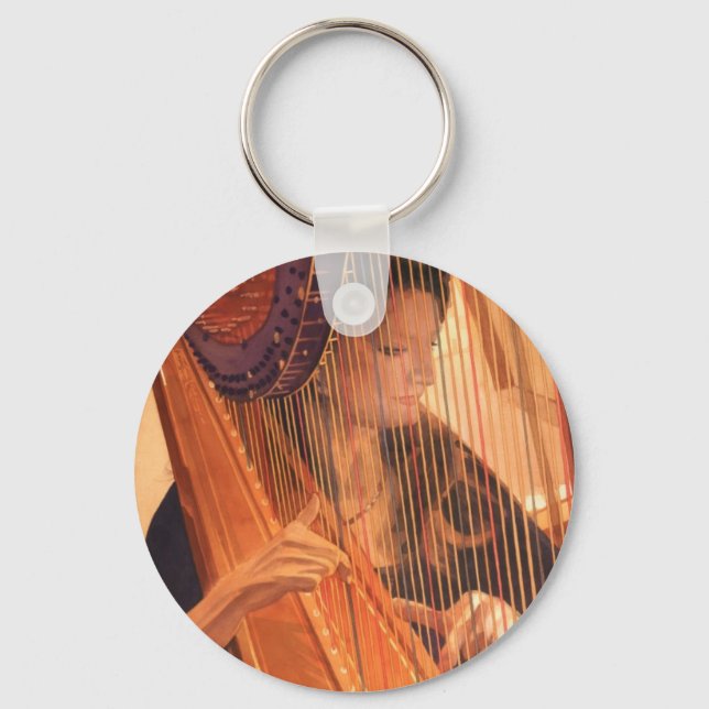 "Echo of Angels" Harp Player Watercolor Key Ring (Front)