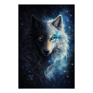 Echo of Duality – Cosmic Twin Wolf Dark & Light Poster