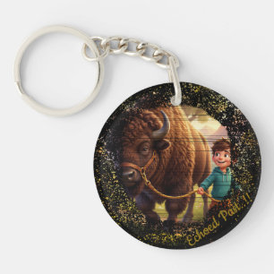 Echoed Past Whimsical Boy and Bison Custom Key Ring