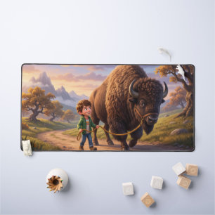 Echoed Past Whimsical Boy and Bison  Desk Mat