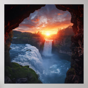 Echoes of the Falls – Sunset Waterfall Framed by N Poster