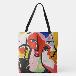 Eclectic Boho Bright Red Blue Yellow Face Illustra Tote Bag
