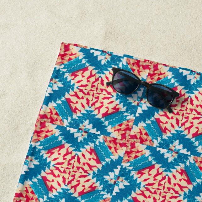Eclectic Boho Red Turquoise X Tiles.  Beach Towel (In Situ)