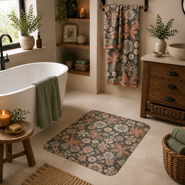 Eclectic Boho Terracotta Charcoal Botanical Floral Bath Mat (Creator Uploaded)