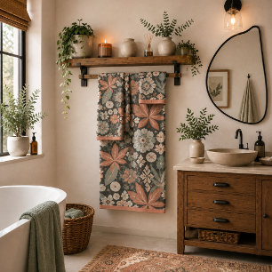 Eclectic Boho Terracotta Charcoal Botanical Floral Bath Towel Set