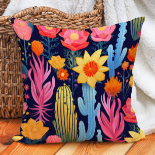Eclectic Bold Yellow Pink Red Navy Floral Cactus Cushion