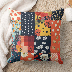 Eclectic Coral Blue Cottage Floral Patchwork Cushion