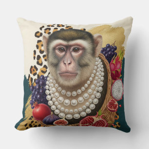 Eclectic Monkey with Pearls Throw Pillow, Chic Max Cushion
