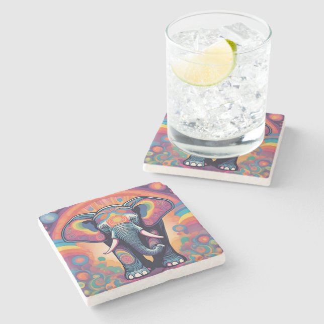 Eclectic multicolored vivid elephant print stone coaster (Side)