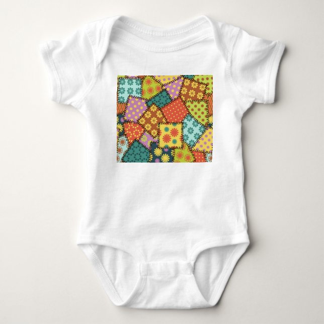 Eclectic Patchwork: Diverse Pattern Mix Baby Bodysuit (Front)