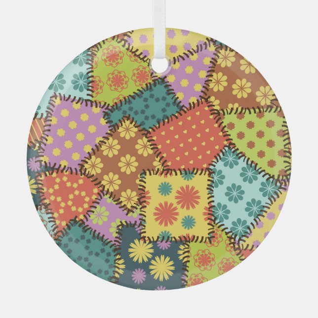 Eclectic Patchwork: Diverse Pattern Mix Glass Tree Decoration (Front)