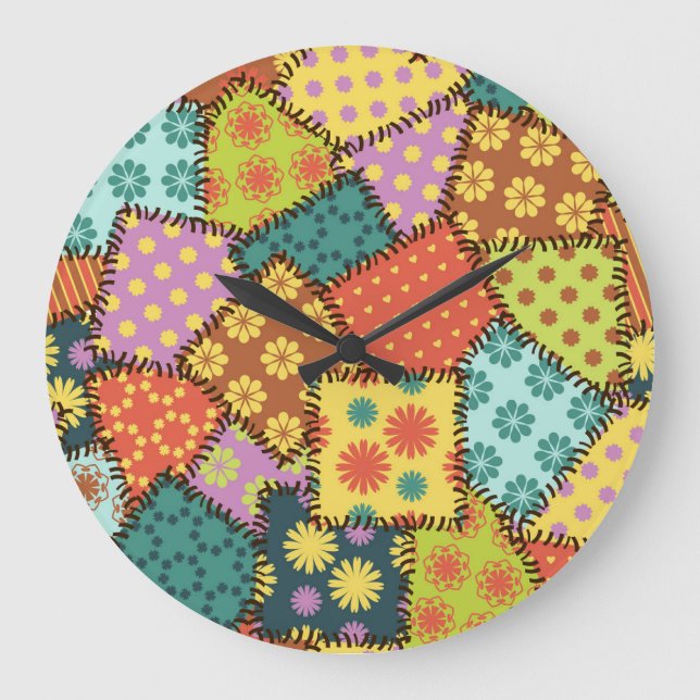 Eclectic Patchwork: Diverse Pattern Mix Large Clock (Front)