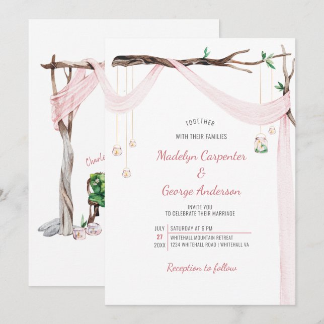 Eclectic Romance - Pink Drape Mason Jar Lights Invitation (Front/Back)
