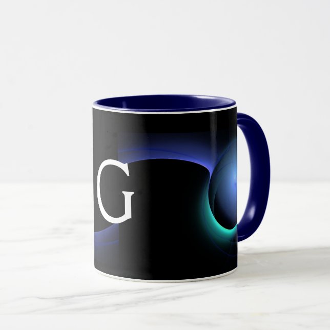 ECLIPSE MONOGRAM Teal Blue Green Black Fractals Mug (Front Right)