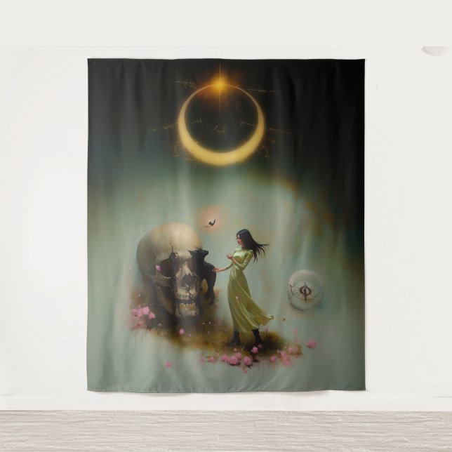 Eclipse Priestess Moon Occult Dark Witchy AI Art Tapestry (Front)