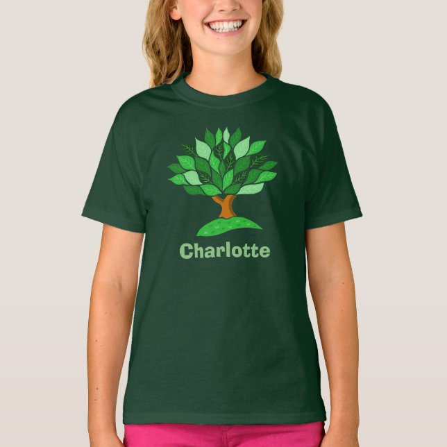 Eco Awareness. Tree with Leaves. Add Name. T-Shirt (Front)