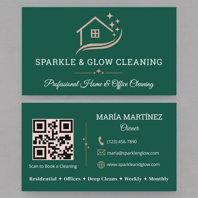 Eco Cleaning Service House Rose Gold QR Code Business Card (Creator Uploaded)