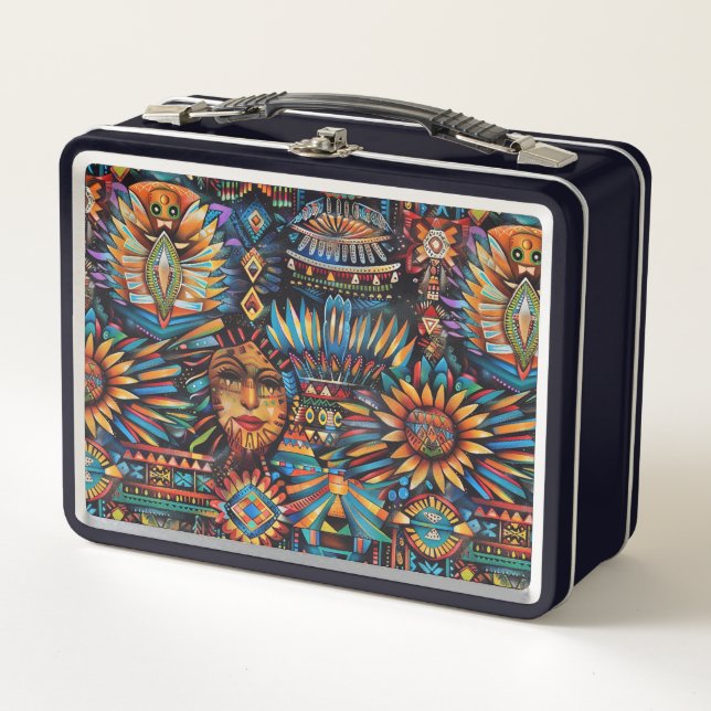 Eco-Friendly Black "Pre-Columbian Tapestry" Lunch  Metal Lunch Box (Front)