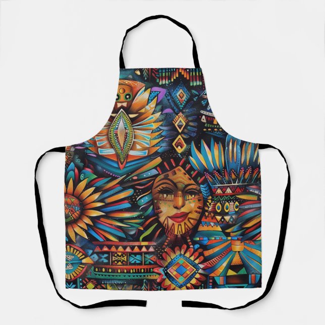 Eco-Friendly Cyan "Pre-Columbian Tapestry" Cooking Apron (Front)