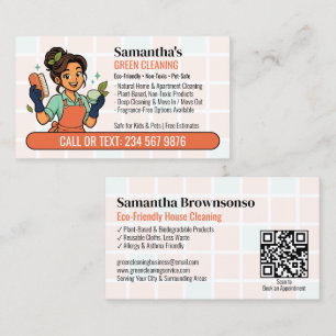 Eco Friendly Green Cleaning QR Cartoon Natural Mai Business Card