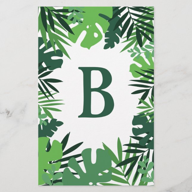 Eco friendly palm leaves, tropical jungle monogram stationery (Front)