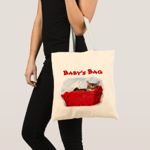 Eco Friendly Reusable Sleeping Kitten Red Basket Tote Bag