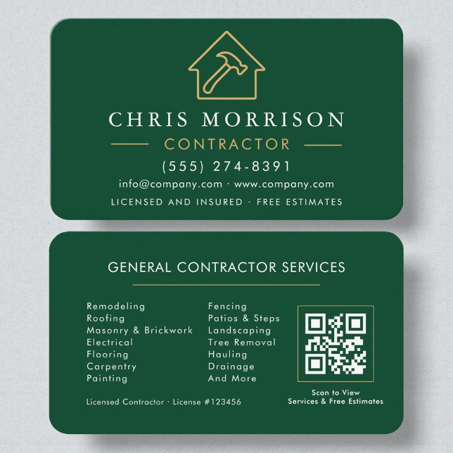 Eco General Construction Modern Green Gold QR Code Business Card (Creator Uploaded)