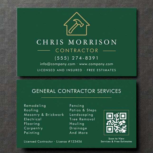 Eco General Construction Modern Green Gold QR Code Business Card (Creator Uploaded)