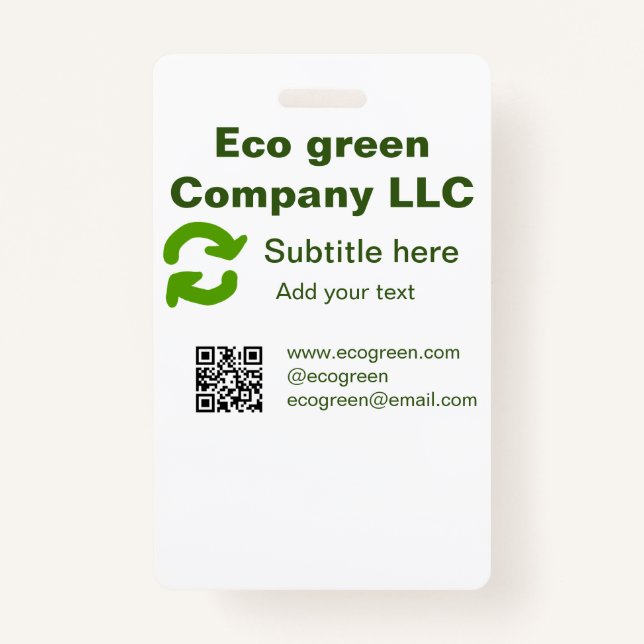 Eco green company name q r code website email deta ID badge (Front)