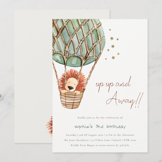 Eco Green Hot Air Balloon Lion Kid Birthday Invite (Front/Back)