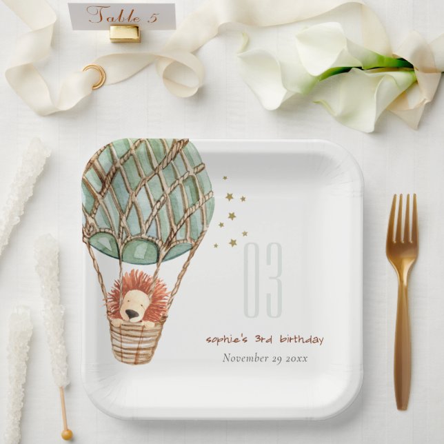 Eco Green Hot Air Balloon Lion Kids Birthday Paper Plate (Wedding)