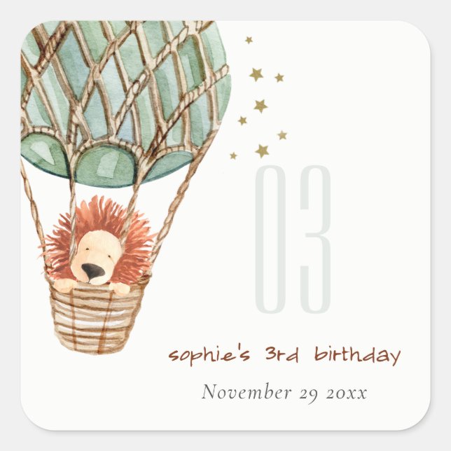 Eco Green Hot Air Balloon Lion Kids Birthday Square Sticker (Front)
