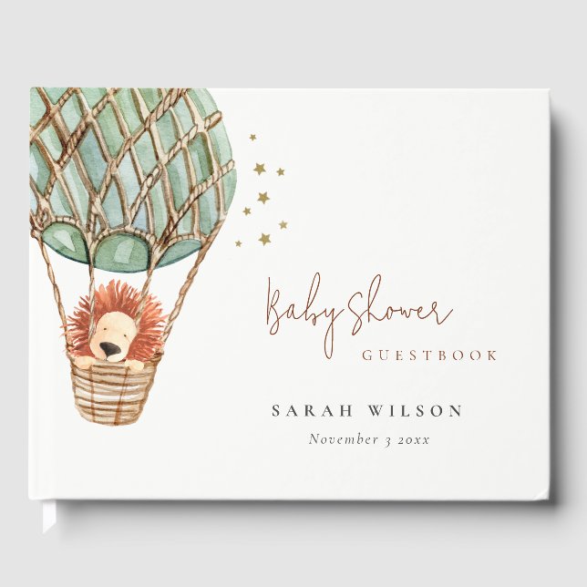 Eco Green Hot Air Balloon Lion Magical Baby Shower Guest Book (Front)