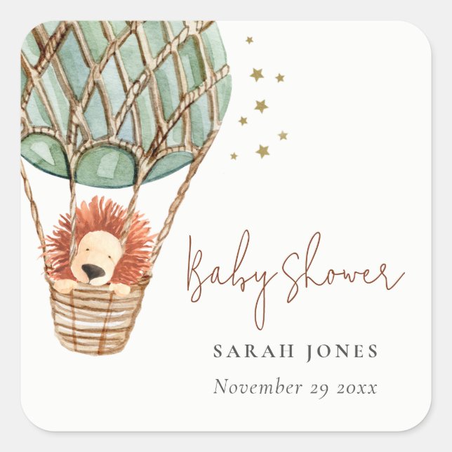Eco Green Hot Air Balloon Lion Magical Baby Shower Square Sticker (Front)