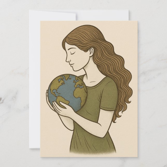 Eco Save the Date – Woman Holding Earth Card (Front)