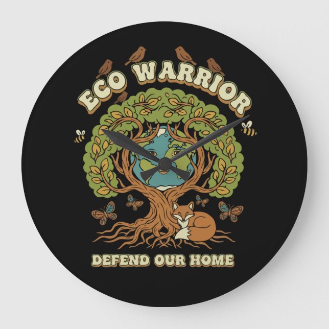 Eco Warrior Retro Nature Tree & Earth Day  Large Clock (Front)